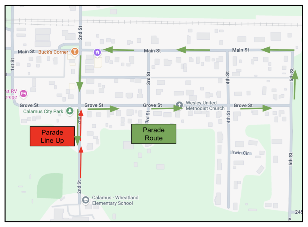 Parade Map - Grove Street to 5th Street, then to Main Street and back up 2nd Street to the elementary school