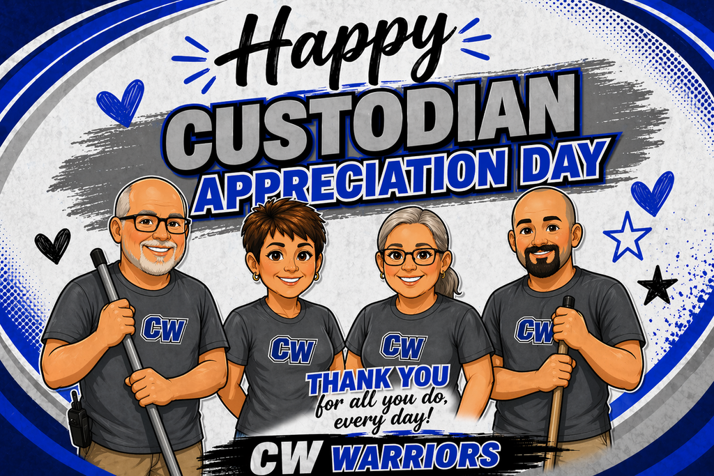 This graphic celebrates Custodian Appreciation Day for the CW Warriors. It features illustrated caricatures of four custodians—two men holding cleaning tools and two women—wearing matching gray t-shirts with a blue "CW" logo. The image includes the text "Happy CUSTODIAN APPRECIATION DAY" at the top and "THANK YOU for all you do, every day!" at the bottom, set against a dynamic blue, black, and white background.