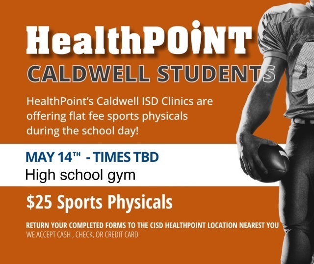 ๐๐ Attention Caldwell student-athletes! HealthPoint will be offering $25 sports physicals during the school day on May 14 at the high school gym. โน๏ธโโ๏ธโพ Times are still TBD, but donโt waitโmake sure youโre ready for next season! ๐ Completed forms should be returned to the CISD HealthPoint location nearest you. ๐ณ Cash, check, or card accepted. ๐ Full details here: https://www.caldwellschools.net/page/athletic-physicals