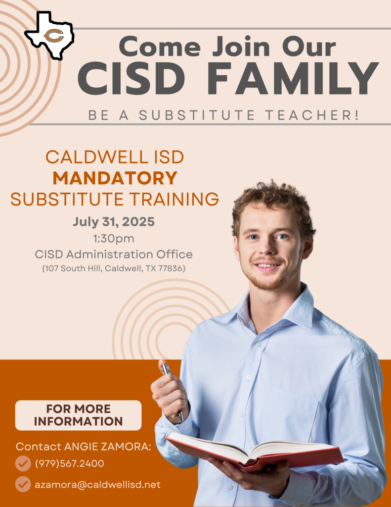 ๐ฃ Weโre looking for amazing individuals to join our CISD family as substitute teachers! ๐งก If youโre interested in making a difference in the lives of students, donโt miss the ๐ ๐ฎ๐ป๐ฑ๐ฎ๐๐ผ๐ฟ๐ ๐ฆ๐๐ฏ๐๐๐ถ๐๐๐๐ฒ ๐ง๐ฟ๐ฎ๐ถ๐ป๐ถ๐ป๐ด on ๐๐๐น๐ ๐ฏ๐ญ ๐ฎ๐ ๐ญ:๐ฏ๐ฌ ๐ฃ๐ at the CISD Administration Office. ๐๏ธ ๐๐ฎ๐๐ฒ: July 31, 2025 ๐ ๐ง๐ถ๐บ๐ฒ: 1:30 PM ๐ ๐๐ผ๐ฐ๐ฎ๐๐ถ๐ผ๐ป: 107 South Hill, Caldwell, TX For more info, contact Angie Zamora at ๐ (979) 567-2400 or ๐ง azamora@caldwellisd.net #CaldwellProud #CaldwellISD
