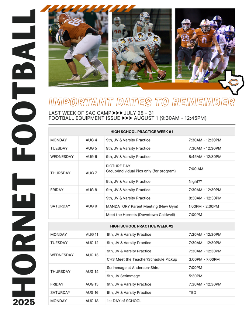 ๐ Two-a-days are right around the corner, Hornet Nation! ๐๐ฃ๐๐ค๐ข๐๐ฃ๐ 9๐ฉ๐โ12๐ฉ๐ ๐๐ง๐๐๐ ๐๐ค๐ค๐ฉ๐๐๐ก๐ก ๐ฅ๐ก๐๐ฎ๐๐ง๐จ โ check out these important dates as we gear up for the 2025 season. From SAC Camp to equipment issue, practices, picture day, and Meet the Hornets โ itโs all here! ๐ง If you have any questions, please contact Coach Wax at mwitherwax@caldwellisd.net. #CaldwellProud #CaldwellISD