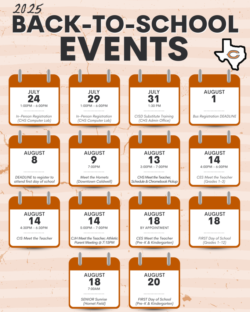 ๐
Mark your calendars! Caldwell ISDโs ๐ฎ๐ฌ๐ฎ๐ฑ ๐๐ฎ๐ฐ๐ธ-๐๐ผ-๐ฆ๐ฐ๐ต๐ผ๐ผ๐น ๐ฒ๐๐ฒ๐ป๐๐ are right around the corner. From registration dates to Meet the Teacher nights and the first day of schoolโeverything you need to know is here! โ๏ธ๐ #CaldwellProud #CaldwellISD