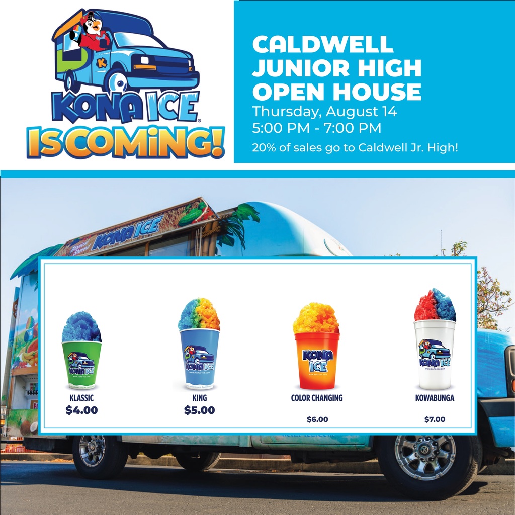 ๐งโ๏ธ Chill out with us at CJH Open House! ๐
Thursday, August 14 | โฐ 5โ7 PM The Kona Ice truck is rolling in โ and 20% of sales go back to Caldwell Jr. High! ๐ Cool treats, hot deals, and great people. Donโt miss it!