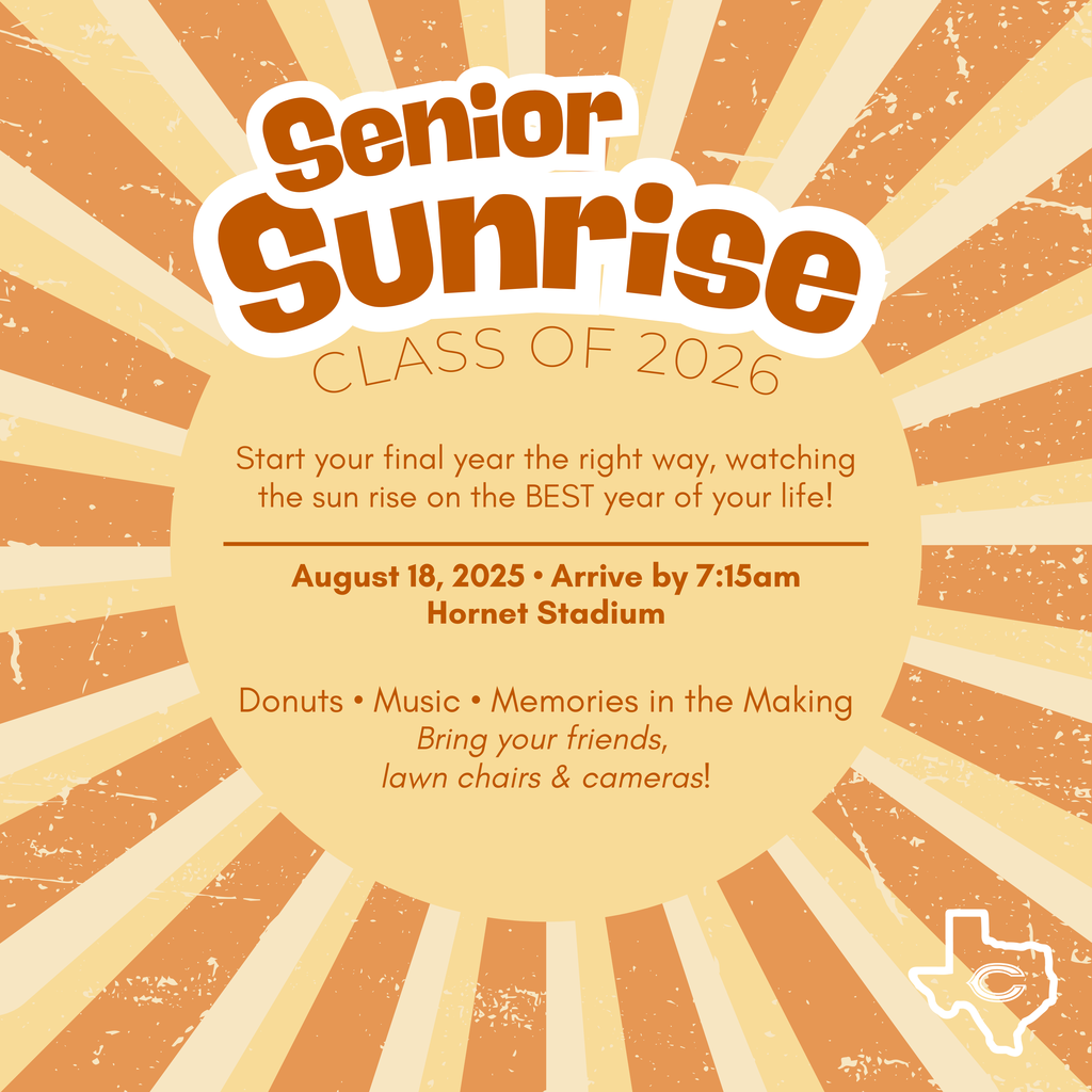 ๐
๐๐ข๐ฌ๐ ๐๐ง๐ ๐ฌ๐ก๐ข๐ง๐, ๐๐ฅ๐๐ฌ๐ฌ ๐จ๐ ๐๐๐๐! Kick off your senior year with a beautiful start at ๐ฆ๐ฒ๐ป๐ถ๐ผ๐ฟ ๐ฆ๐๐ป๐ฟ๐ถ๐๐ฒ โ a morning of friends, music, donuts, and memories in the making. ๐
๐๐๐ด๐๐๐ ๐ญ๐ด, ๐ฎ๐ฌ๐ฎ๐ฑ โฐ ๐๐ฟ๐ฟ๐ถ๐๐ฒ ๐ฏ๐ ๐ณ:๐ญ๐ฑ๐ฎ๐บ ๐ ๐๐ผ๐ฟ๐ป๐ฒ๐ ๐ฆ๐๐ฎ๐ฑ๐ถ๐๐บ Bring your friends, lawn chairs, and cameras โ letโs make this a morning to remember! ๐โจ #ClassOf2026 #SeniorSunrise #CaldwellProud #CaldwellISD