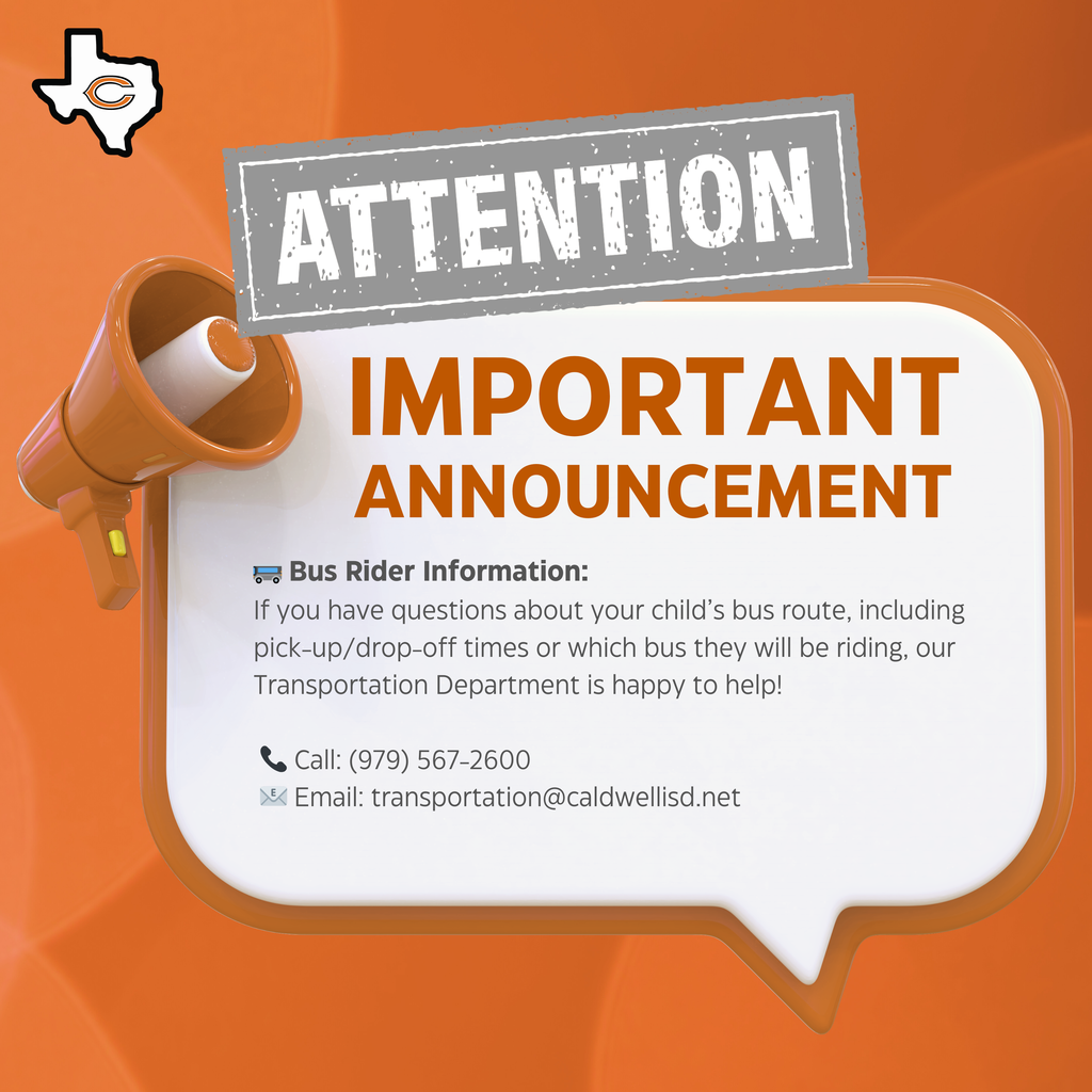 ๐ ๐๐จ๐ญ ๐๐ฎ๐ฌ ๐ช๐ฎ๐๐ฌ๐ญ๐ข๐จ๐ง๐ฌ? ๐ Contact our Transportation Department for route details, pick-up/drop-off times, and more! ๐ (979) 567-2600 | ๐ง transportation@caldwellisd.net