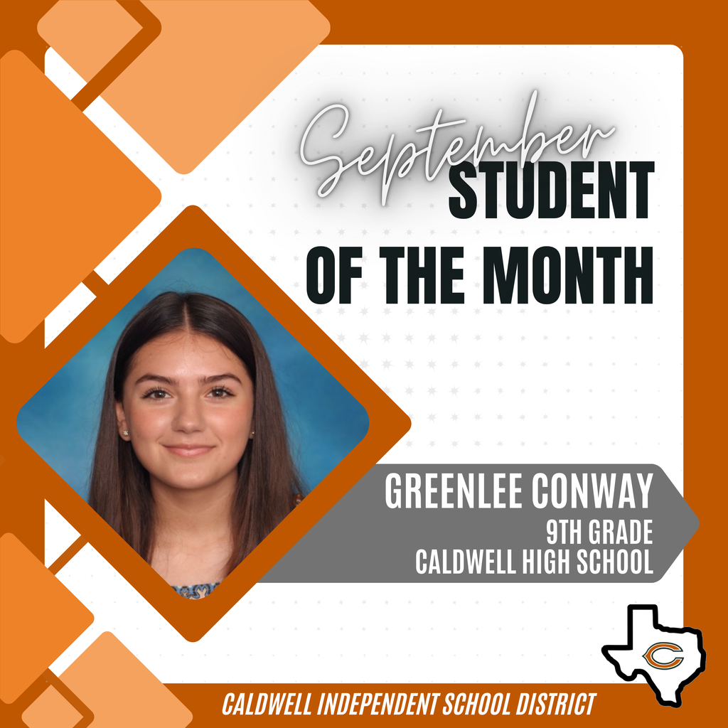 ๐ข ๐ฃ Announcing another SEPTEMBER Student of the Month... ๐๐ฟ๐ฒ๐ฒ๐ป๐น๐ฒ๐ฒ ๐๐ผ๐ป๐๐ฎ๐! ๐ข ๐ฃ She was nominated by her coach, who says, "While traveling with her teammates to cheer camp, Greenlee made a lasting impression (which was shared on social media) on a community member at Buc-eeโs. After he accidentally dropped his food, Greenlee quickly stepped in to help, showing kindness, respect, and maturity beyond her years. Her thoughtful actions reflect the values of Caldwell ISD and remind us how even small gestures can make a big difference." Congratulations, Greenlee, and THANK YOU for being an outstanding role model for other students at Caldwell ISD! #CaldwellProud #CaldwellISD
