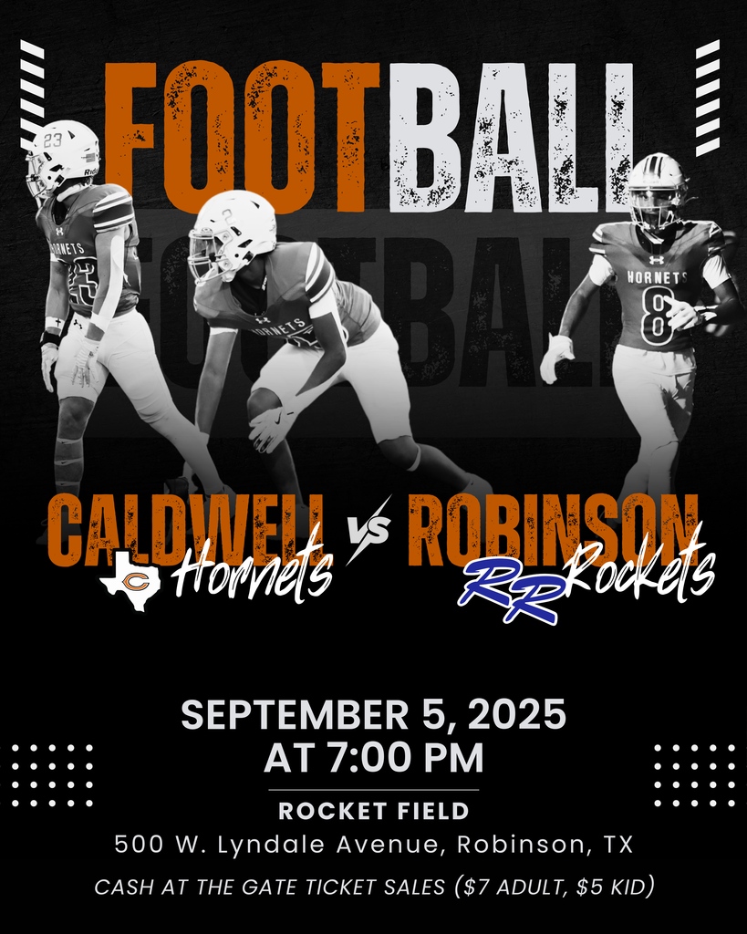 ๐ ๐ฆ๐ฐ๐ต๐ฒ๐ฑ๐๐น๐ฒ ๐จ๐ฝ๐ฑ๐ฎ๐๐ฒ! This weekโs Caldwell Hornets vs. Robinson Rockets game will kick off at ๐ณ:๐ฌ๐ฌ ๐ฃ๐ on Friday, September 5, at Rocket Field (500 W. Lyndale Ave., Robinson, TX). ๐๐ก๐๐๐จ๐ ๐ฃ๐ค๐ฉ๐ ๐ฉ๐๐๐จ ๐๐จ ๐ ๐ฉ๐๐ข๐ ๐๐๐๐ฃ๐๐ ๐๐ง๐ค๐ข ๐ฉ๐๐ ๐ค๐ง๐๐๐๐ฃ๐๐ก ๐จ๐๐๐๐๐ช๐ก๐. ๐ Tickets: $7 Adults | $5 Kids (cash at the gate) Letโs fill the stands and cheer on our Hornets!