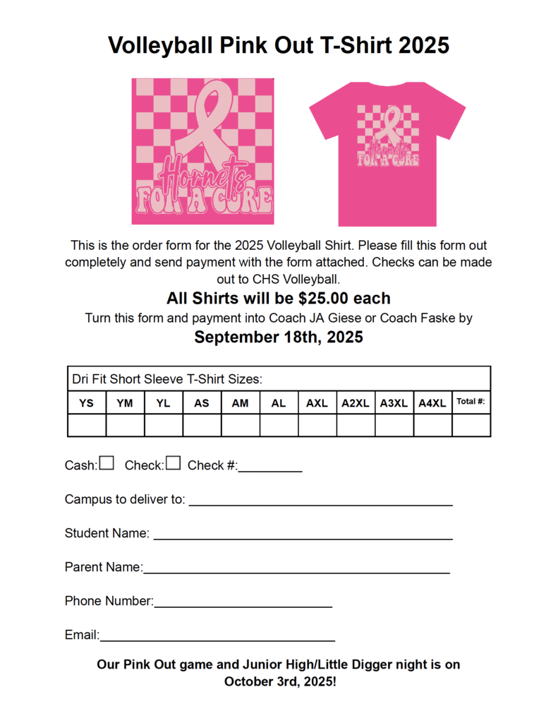 ๐๐ October is Pink Out Month at Caldwell ISD, and our Hornets are showing their support for a cause that touches so many. Both our Cheerleaders and Volleyball teams are selling Pink Out shirts, with proceeds going to support breast cancer awareness. โจ Orders are due soon: ๐ฃ Cheer Pink Out Shirt โ $20, due Sept. 17 ๐ Volleyball Pink Out Shirt โ $25, due Sept. 18 Letโs fill the stands with PINK on Friday, Oct. 3, at the Pink Out pep rally, football game, and volleyball game as we honor this important cause! ๐