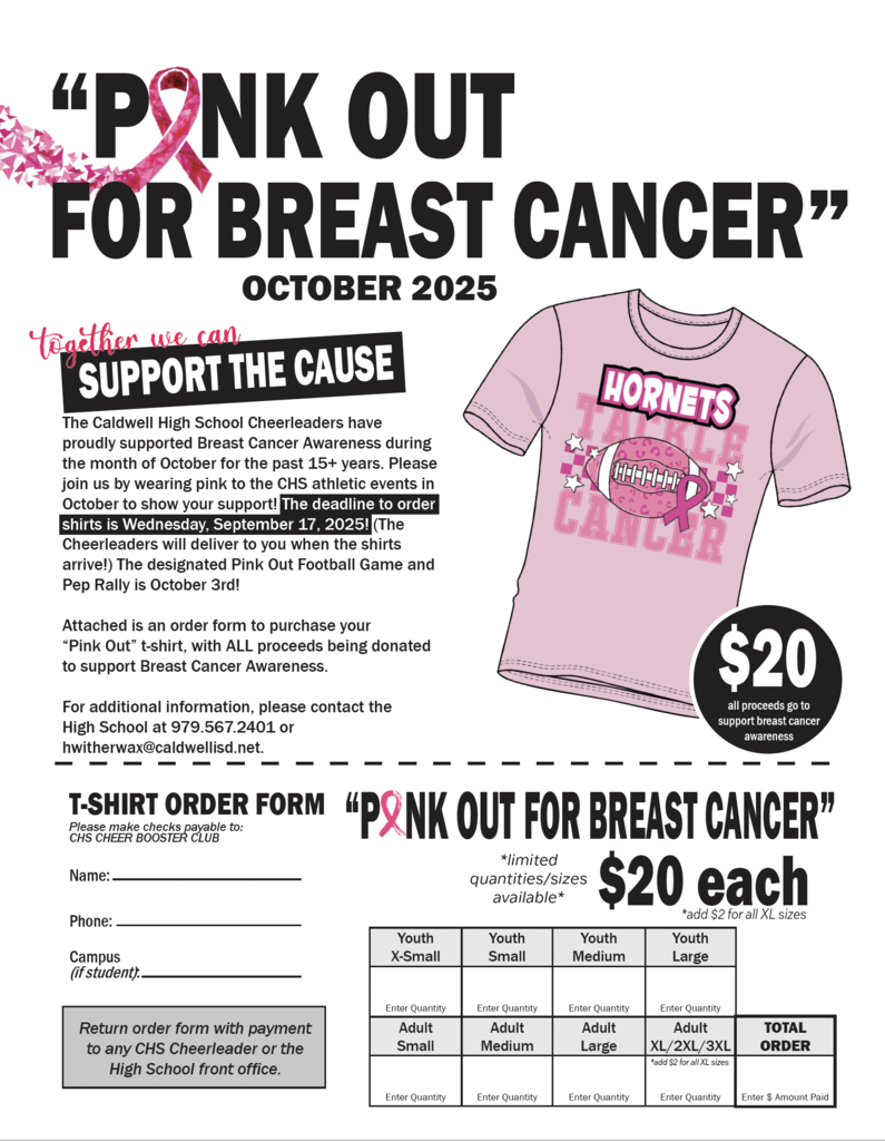 ๐๐ October is Pink Out Month at Caldwell ISD, and our Hornets are showing their support for a cause that touches so many. Both our Cheerleaders and Volleyball teams are selling Pink Out shirts, with proceeds going to support breast cancer awareness. โจ Orders are due soon: ๐ฃ Cheer Pink Out Shirt โ $20, due Sept. 17 ๐ Volleyball Pink Out Shirt โ $25, due Sept. 18 Letโs fill the stands with PINK on Friday, Oct. 3, at the Pink Out pep rally, football game, and volleyball game as we honor this important cause! ๐