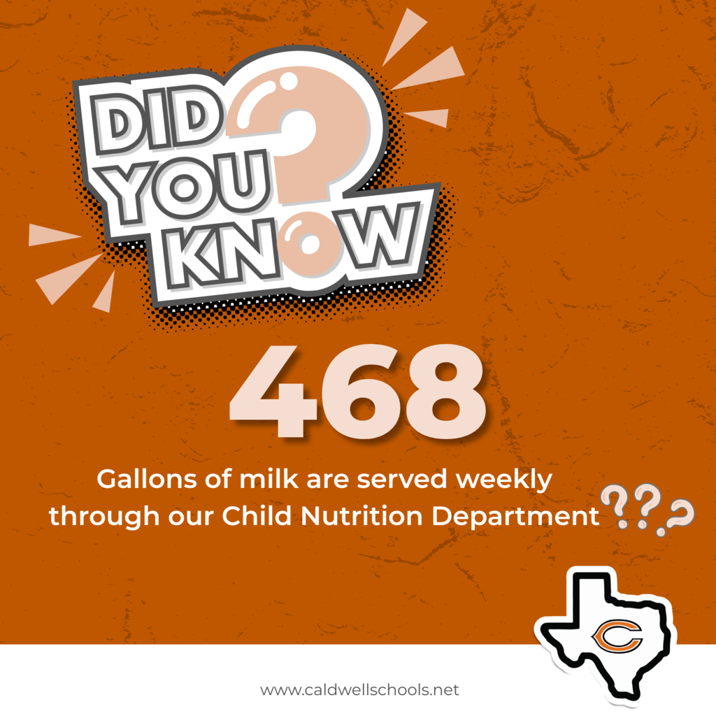 ๐ฅโจ ๐๐ข๐ ๐ฒ๐จ๐ฎ ๐ค๐ง๐จ๐ฐ? Caldwell ISD students go through approximately ๐ฐ๐ฒ๐ด ๐ด๐ฎ๐น๐น๐ผ๐ป๐ ๐ผ๐ณ ๐บ๐ถ๐น๐ธ ๐ฒ๐๐ฒ๐ฟ๐ ๐๐ฒ๐ฒ๐ธ thanks to our amazing Child Nutrition Department! Now thatโs a lot of milk being served in the cafeteria! ๐ฅ๐
#CaldwellProud #CaldwellISD #DidYouKnow