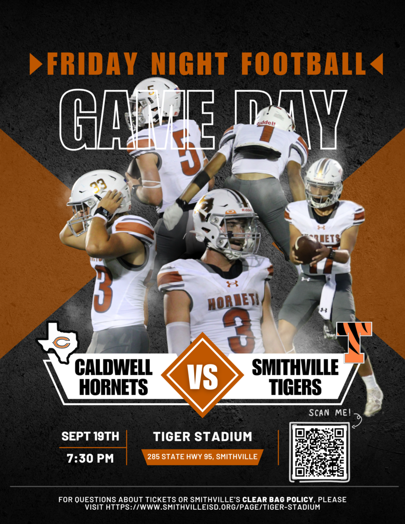 ๐ Tomorrow night, your Caldwell Hornets take on the Smithville Tigers! ๐ฅ ๐ Tiger Stadium โ 285 State Hwy 95, Smithville ๐ข Kickoff at 7:30 PM โ ๏ธ Reminder: Smithville ISD has a ๐๐น๐ฒ๐ฎ๐ฟ ๐๐ฎ๐ด ๐ฃ๐ผ๐น๐ถ๐ฐ๐ in place. Plan ahead so youโre ready to get in and cheer on the Hornets! Letโs go, Hornets! ๐งก #CaldwellProud #CaldwellISD