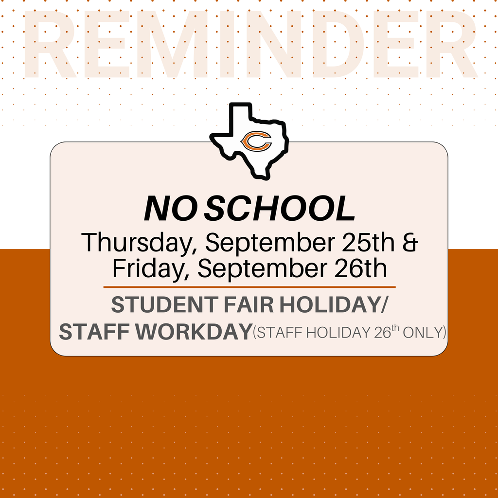 ‼️ 𝗥𝗘𝗠𝗜𝗡𝗗𝗘𝗥: There is no school this Thursday, September 25th, and Friday, September 26th. Enjoy the Student Fair Holiday!