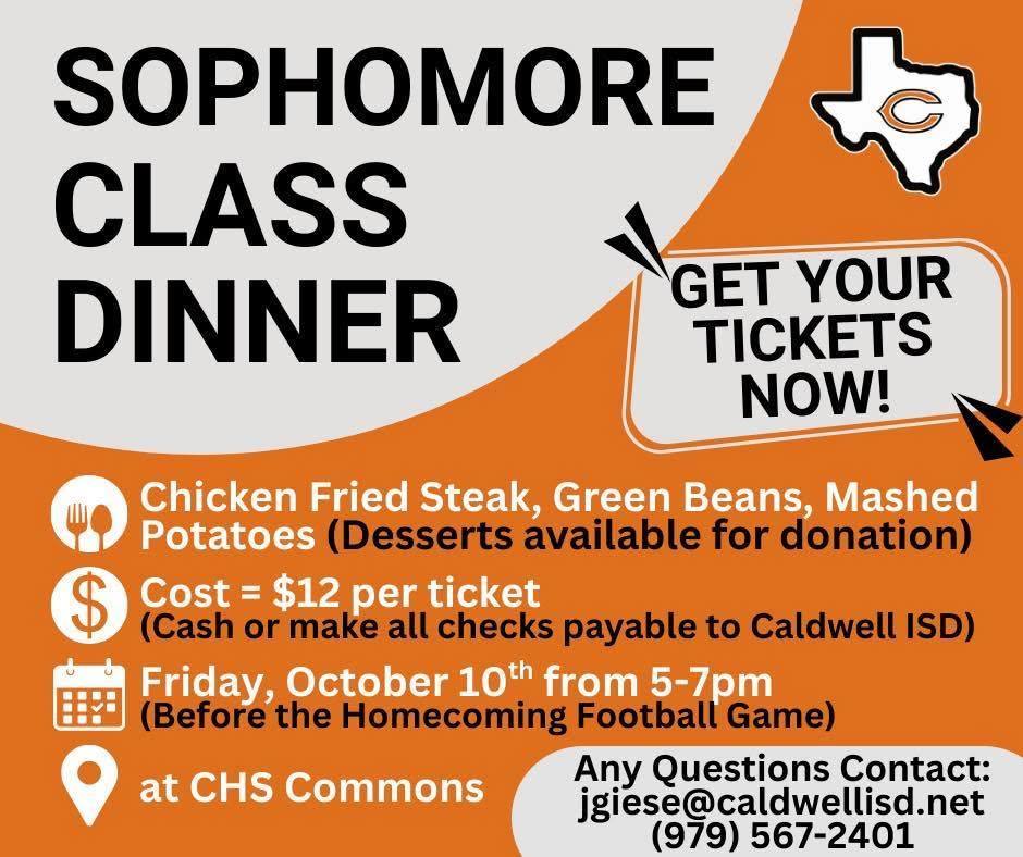 🍽️ Don't forget to snag your Sophomore Class Dinner tickets!  📅 Friday, October 10th | 5–7 PM (before the Homecoming Game) 📍 CHS Commons  Enjoy a delicious Chicken Fried Steak dinner with sides for just $12 (desserts available by donation). Proceeds support the Class of 2027—get your tickets by October 2nd!
