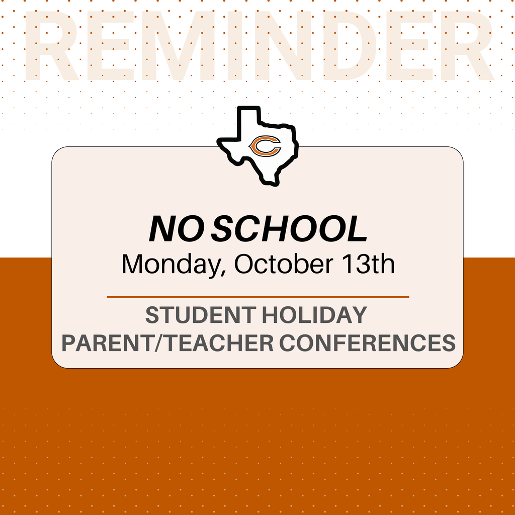 📣 𝐑𝐞𝐦𝐢𝐧𝐝𝐞𝐫, 𝐇𝐨𝐫𝐧𝐞𝐭 𝐅𝐚𝐦𝐢𝐥𝐢𝐞𝐬! There will be no school on 𝗠𝗼𝗻𝗱𝗮𝘆, 𝗢𝗰𝘁𝗼𝗯𝗲𝗿 𝟭𝟯𝘁𝗵 for a 𝗦𝘁𝘂𝗱𝗲𝗻𝘁 𝗛𝗼𝗹𝗶𝗱𝗮𝘆 𝗮𝗻𝗱 𝗣𝗮𝗿𝗲𝗻𝘁/𝗧𝗲𝗮𝗰𝗵𝗲𝗿 𝗖𝗼𝗻𝗳𝗲𝗿𝗲𝗻𝗰𝗲𝘀.  If you haven’t been contacted yet but would like to schedule a conference with your child’s teacher, please reach out to your student’s campus: 📞 Caldwell High School — (979) 567-2401 📞 Caldwell Junior High — (979) 567-2402 📞 Caldwell Intermediate School — (979) 567-2403 📞 Caldwell Elementary School — (979) 567-2404  We appreciate your partnership and look forward to connecting with families!