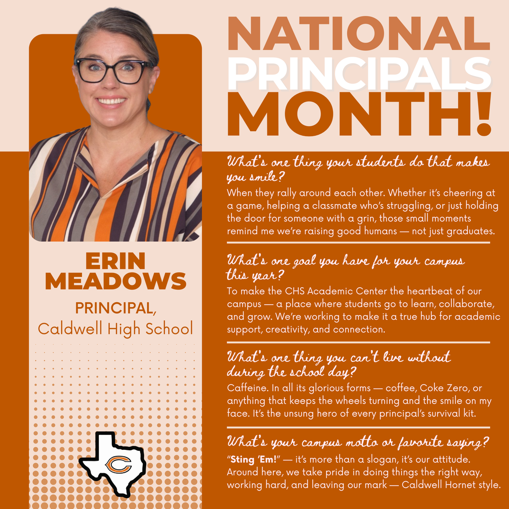 ๐ ๐ข๐ฐ๐๐ผ๐ฏ๐ฒ๐ฟ ๐ถ๐ ๐ก๐ฎ๐๐ถ๐ผ๐ป๐ฎ๐น ๐ฃ๐ฟ๐ถ๐ป๐ฐ๐ถ๐ฝ๐ฎ๐น๐ ๐ ๐ผ๐ป๐๐ต! ๐งก๐ค Weโre kicking off our Principal Spotlights by celebrating ๐ ๐ฟ๐. ๐๐ฟ๐ถ๐ป ๐ ๐ฒ๐ฎ๐ฑ๐ผ๐๐, Principal of ๐พ๐๐ก๐๐ฌ๐๐ก๐ก ๐๐๐๐ ๐๐๐๐ค๐ค๐ก! Mrs. Meadows leads with heart, positivity, and a focus on growing well-rounded students who care for one another and their community. Thank you, Mrs. Meadows, for your dedication to our students, staff, and the Hornet family! ๐งก #CaldwellProud #CaldwellISD #NationalPrincipalsMonth