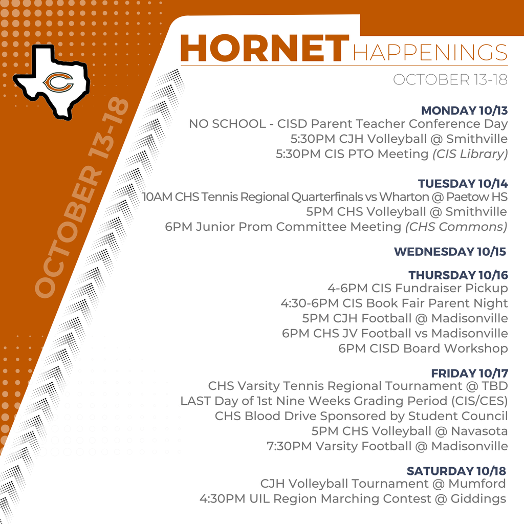 ๐๐ผ๐ฟ๐ป๐ฒ๐ ๐๐ฎ๐ฝ๐ฝ๐ฒ๐ป๐ถ๐ป๐ด๐: ๐ข๐ฐ๐๐ผ๐ฏ๐ฒ๐ฟ ๐ญ๐ฏโ๐ญ๐ด ๐งก๐ค Itโs another busy week for our Hornets! From Parent-Teacher Conferences and Regional Tennis to football, volleyball, and the UIL Region Marching Contest, thereโs a lot happening across Caldwell ISD. Check out this weekโs schedule and come out to support our students in all their activities! #CaldwellProud #CaldwellISD