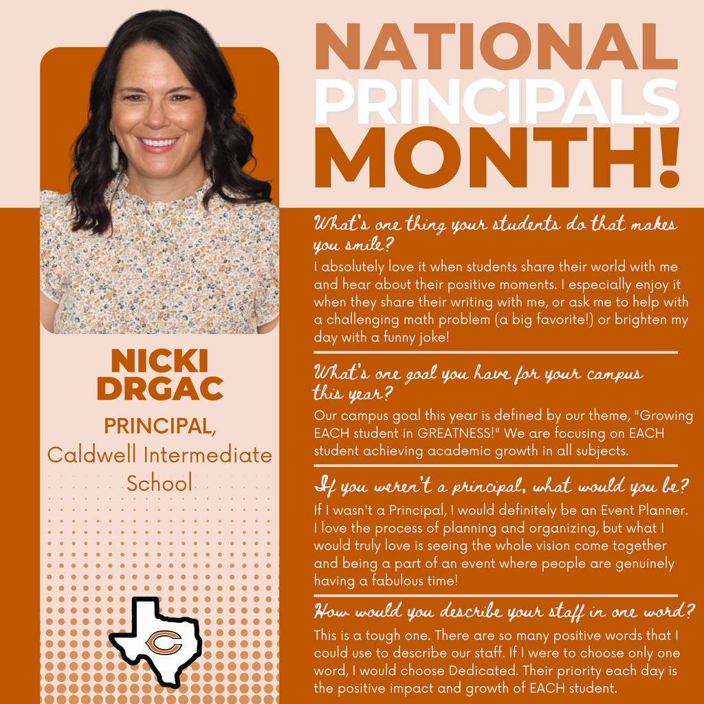 ๐ ๐ก๐ฎ๐๐ถ๐ผ๐ป๐ฎ๐น ๐ฃ๐ฟ๐ถ๐ป๐ฐ๐ถ๐ฝ๐ฎ๐น๐ ๐ ๐ผ๐ป๐๐ต ๐ฆ๐ฝ๐ผ๐๐น๐ถ๐ด๐ต๐! ๐งก๐ค Today weโre celebrating ๐ ๐ฟ๐. ๐ก๐ถ๐ฐ๐ธ๐ถ ๐๐ฟ๐ด๐ฎ๐ฐ, Principal of ๐๐ฎ๐น๐ฑ๐๐ฒ๐น๐น ๐๐ป๐๐ฒ๐ฟ๐บ๐ฒ๐ฑ๐ถ๐ฎ๐๐ฒ ๐ฆ๐ฐ๐ต๐ผ๐ผ๐น! Mrs. Drgac is known for her positivity, creativity, and dedication to โ๐ฎ๐๐๐๐๐๐ ๐ฌ๐จ๐ช๐ฏ ๐๐๐๐
๐๐๐ ๐๐ ๐ฎ๐น๐ฌ๐จ๐ป๐ต๐ฌ๐บ๐บ!โ Her energy and commitment to student success make CIS a welcoming and inspiring place to learn. Thank you, Mrs. Drgac, for all you do for our students, staff, and community! #CaldwellProud #CaldwellISD #NationalPrincipalsMonth