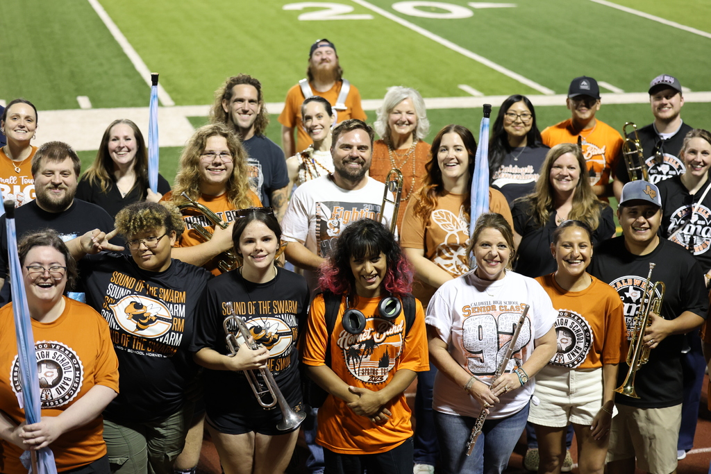 🎶 𝗜𝗡 𝗖𝗔𝗦𝗘 𝗬𝗢𝗨 𝗠𝗜𝗦𝗦𝗘𝗗 𝗜𝗧... 🎶  During halftime of last Friday’s Homecoming football game vs. Giddings, the Caldwell High School Band celebrated an incredible milestone — 𝟭𝟬𝟬 𝘆𝗲𝗮𝗿𝘀 𝗼𝗳 𝗖𝗛𝗦 𝗕𝗮𝗻𝗱 𝗵𝗶𝘀𝘁𝗼𝗿𝘆! 🧡🤍  Over 𝟳𝟬 𝗮𝗹𝘂𝗺𝗻𝗶 joined current band members on the field for a memorable performance that featured musicians, color guard, and even a twirler! Together, they formed a “𝟭𝟬𝟬” 𝗳𝗼𝗿𝗺𝗮𝘁𝗶𝗼𝗻 to commemorate this special anniversary and honor a century of music, pride, and tradition.  Thank you to all our band alumni who returned to make this celebration one to remember! 🎺✨  #CaldwellProud #CaldwellISD #CHSBand100