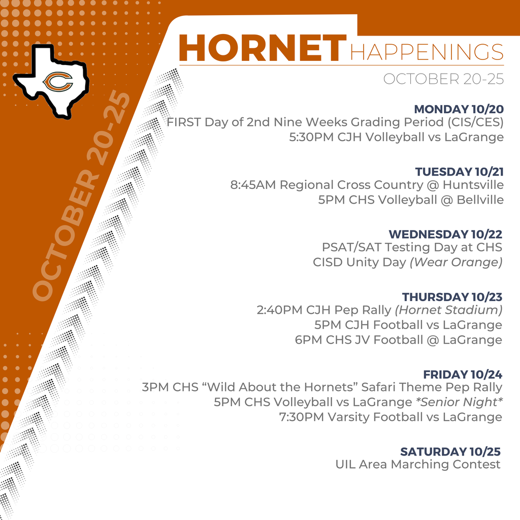 ๐๐จ๐ซ๐ง๐๐ญ ๐๐๐ฉ๐ฉ๐๐ง๐ข๐ง๐ ๐ฌ: ๐๐๐ญ๐จ๐๐๐ซ ๐๐โ๐๐ ๐งก๐ค Itโs a busy week for the Hornets! From Unity Day and pep rallies to volleyball, football, and the UIL Area Marching Contest, thereโs something happening across every campus. Check out this weekโs schedule and come out to support our students as they continue to shine on and off the field! #CaldwellProud #CaldwellISD