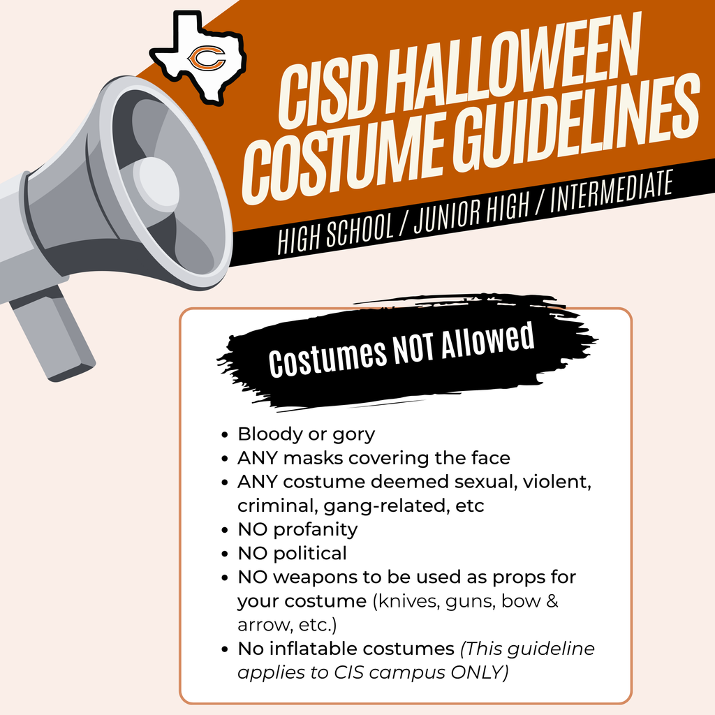 ๐ Campus Costume Guidelines are Here! As part of Fridayโs โHornets Dress Up Against Drugsโ theme on October 31, please take a moment to review the costume guidelines for your childโs campus before planning those fun outfits! ๐งก CHS / CJH / CIS: View costume restrictions and safety rules below. ๐งก CES: Students will celebrate with โDress as Your Favorite Storybook Character Day!โ We canโt wait to see everyoneโs school spirit as we wrap up Red Ribbon Week 2025 โ the Hornet way! #CaldwellProud #CaldwellISD #RedRibbonWeek