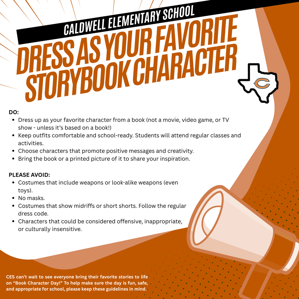 ๐ Campus Costume Guidelines are Here! As part of Fridayโs โHornets Dress Up Against Drugsโ theme on October 31, please take a moment to review the costume guidelines for your childโs campus before planning those fun outfits! ๐งก CHS / CJH / CIS: View costume restrictions and safety rules below. ๐งก CES: Students will celebrate with โDress as Your Favorite Storybook Character Day!โ We canโt wait to see everyoneโs school spirit as we wrap up Red Ribbon Week 2025 โ the Hornet way! #CaldwellProud #CaldwellISD #RedRibbonWeek