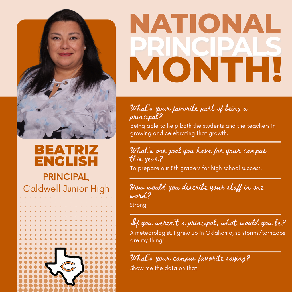 โจ National Principals Month Spotlight! โจ Today weโre celebrating Mrs. Beatriz English, Principal of Caldwell Junior High! Mrs. English is passionate about helping both students and teachers grow โ and sheโs committed to preparing our 8th graders for success in high school. Her leadership is rooted in strength, data-driven goals, and a genuine heart for education. ๐ช๐ Thank you, Mrs. English, for all you do for our Hornets! ๐งก #CaldwellProud #CaldwellISD #NationalPrincipalsMonth
