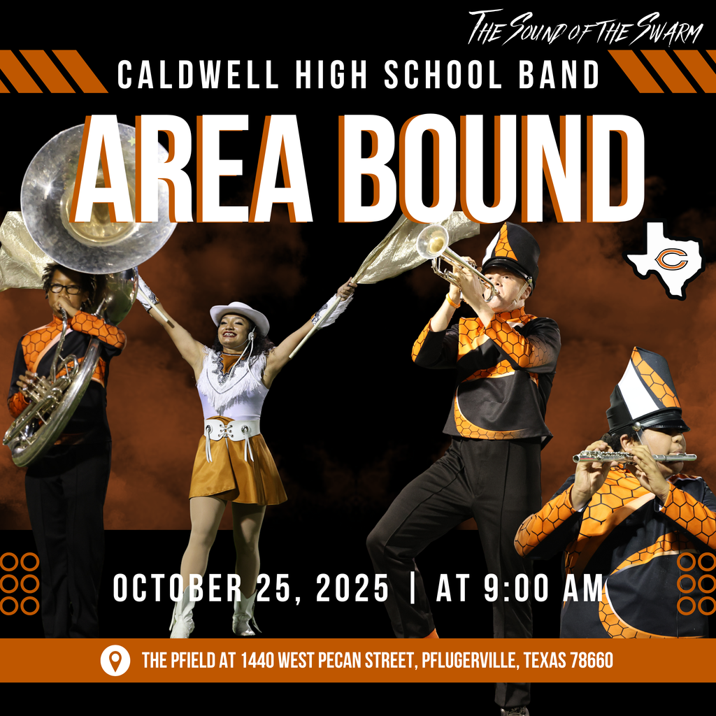 ๐ถ Good luck to the Sound of the Swarm! ๐ถ Wishing our Caldwell High School Band the best of luck as they perform at the UIL Area Marching Contest tomorrow in Pflugerville! You continue to make Caldwell proud โ go shine on that field, Hornets! ๐งก #CaldwellISD #CaldwellProud #SoundOfTheSwarm