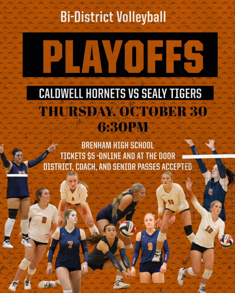 𝗜𝗧’𝗦 𝗣𝗟𝗔𝗬𝗢𝗙𝗙 𝗧𝗜𝗠𝗘 𝘀𝗼 𝗹𝗲𝘁’𝘀 𝗽𝗮𝗰𝗸 𝘁𝗵𝗲 𝘀𝘁𝗮𝗻𝗱𝘀, 𝗛𝗼𝗿𝗻𝗲𝘁 𝗳𝗮𝗻𝘀! 🏐 Your Lady Hornets are headed to the 𝗕𝗶-𝗗𝗶𝘀𝘁𝗿𝗶𝗰𝘁 𝗣𝗹𝗮𝘆𝗼𝗳𝗳𝘀 this 𝗧𝗵𝘂𝗿𝘀𝗱𝗮𝘆, 𝗢𝗰𝘁𝗼𝗯𝗲𝗿 𝟯𝟬 𝗮𝘁 𝟲:𝟯𝟬𝗣𝗠 𝗶𝗻 𝗕𝗿𝗲𝗻𝗵𝗮𝗺 as they take on the Sealy Tigers! 🎟️ Tickets are $5 online or at the door.  Let’s bring the energy and cheer them on to victory! 🧡🖤 #CaldwellProud #CaldwellISD