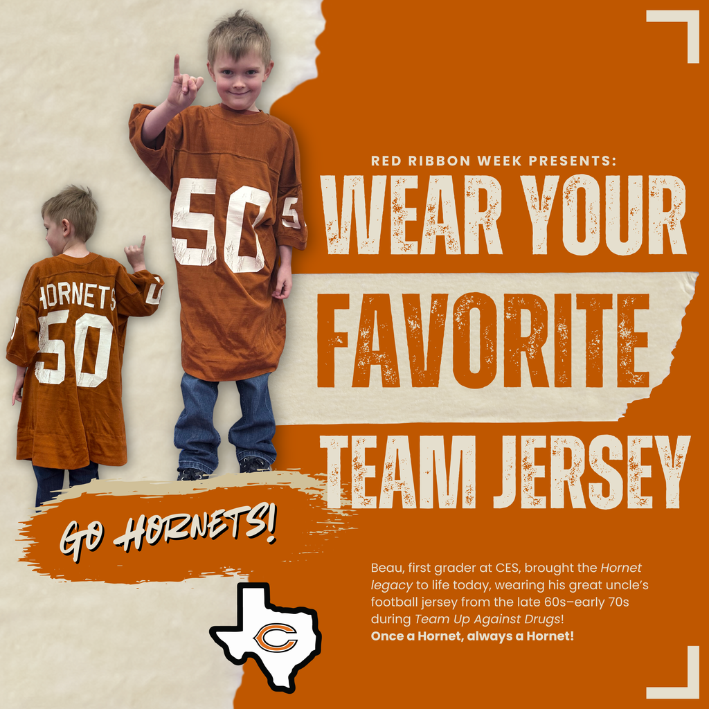 ๐งก ๐ข๐ป๐ฐ๐ฒ ๐ฎ ๐๐ผ๐ฟ๐ป๐ฒ๐, ๐ฎ๐น๐๐ฎ๐๐ ๐ฎ ๐๐ผ๐ฟ๐ป๐ฒ๐! ๐งก For todayโs Team Up Against Drugs day, one first grader showed off some serious vintage Hornet pride โ wearing his great uncleโs football jersey from the late 60sโearly 70s! What a fun way to celebrate ๐ฅ๐ฒ๐ฑ ๐ฅ๐ถ๐ฏ๐ฏ๐ผ๐ป ๐ช๐ฒ๐ฒ๐ธ and keep the Hornet spirit alive through generations! #CaldwellISD #CaldwellProud #RedRibbonWeek