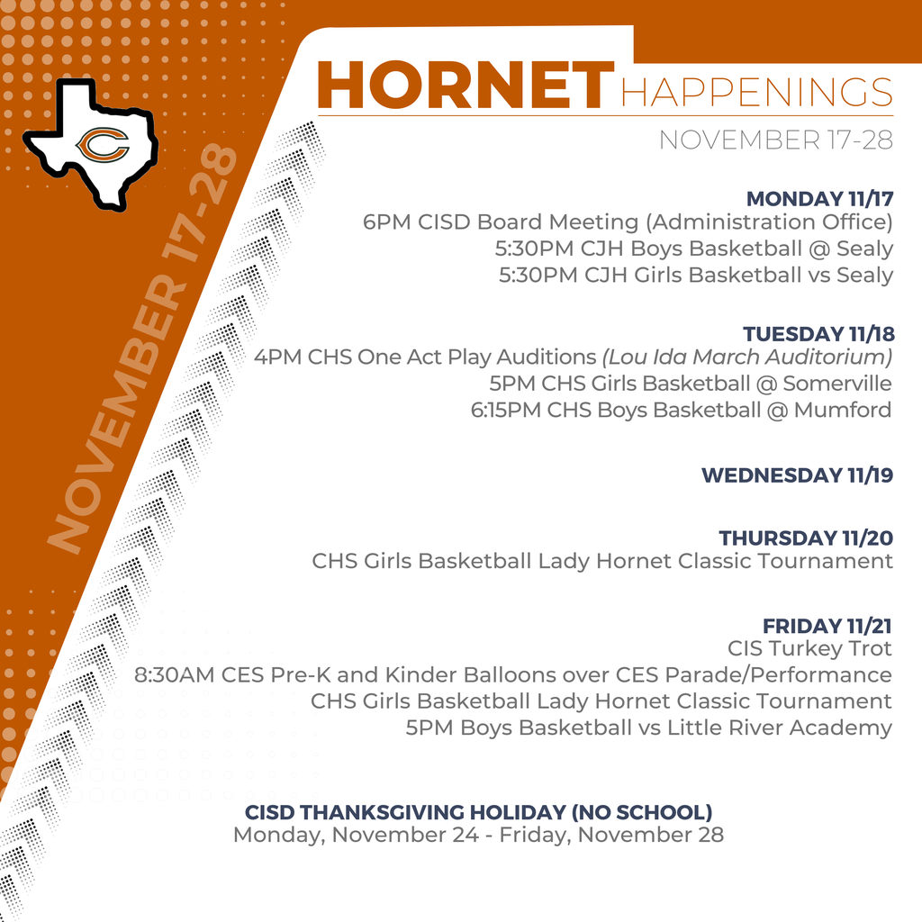 A busy stretch ahead! Check out whatโs happening across our campuses: ๐๐จ๐ฏ๐๐ฆ๐๐๐ซ ๐๐โ๐๐. #CaldwellProud #CaldwellISD