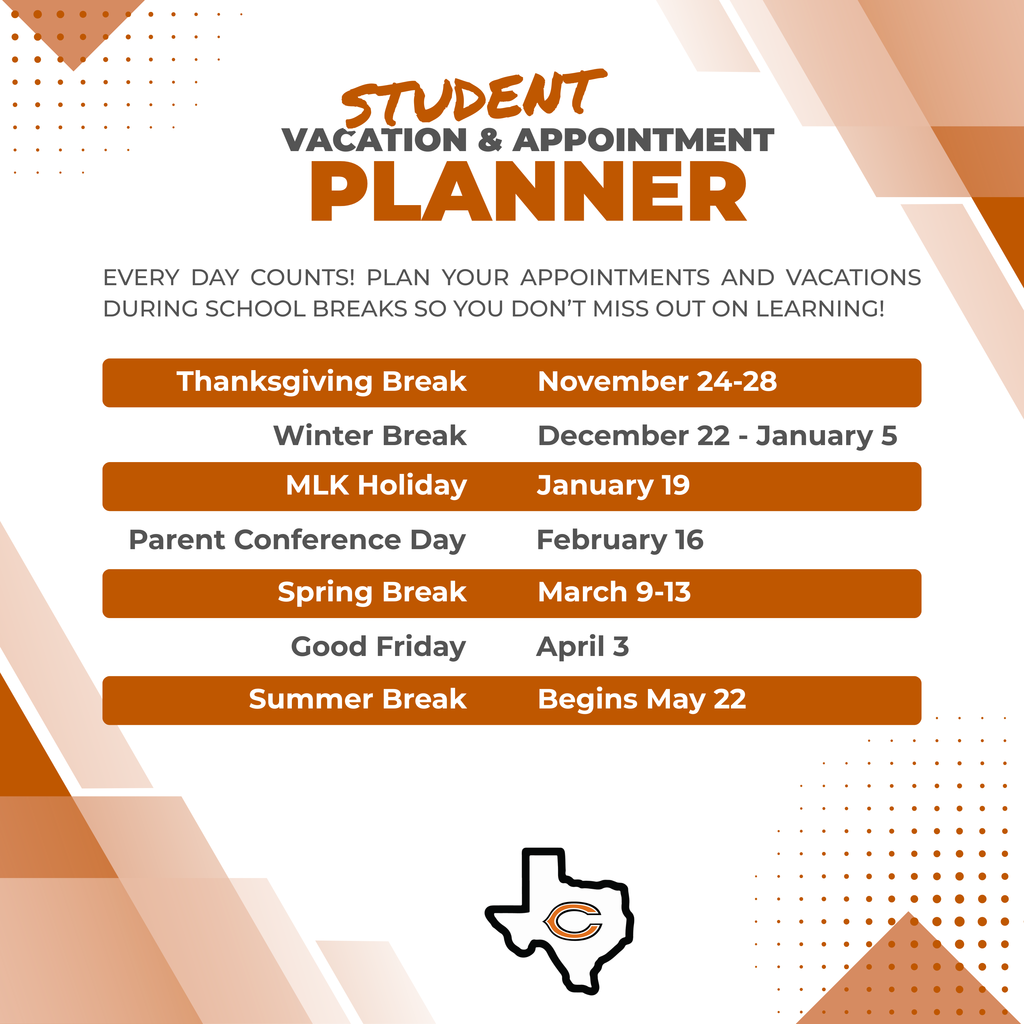 𝗔𝘁𝘁𝗲𝗻𝗱𝗮𝗻𝗰𝗲 𝗺𝗮𝘁𝘁𝗲𝗿𝘀 𝗮𝘁 𝗖𝗮𝗹𝗱𝘄𝗲𝗹𝗹 𝗜𝗦𝗗! 🗓️ Plan ahead, Hornet families! Use our Student Vacation & Appointment Planner to schedule trips and appointments during school breaks so students don’t miss valuable learning time. #CaldwellProud #CaldwellISD