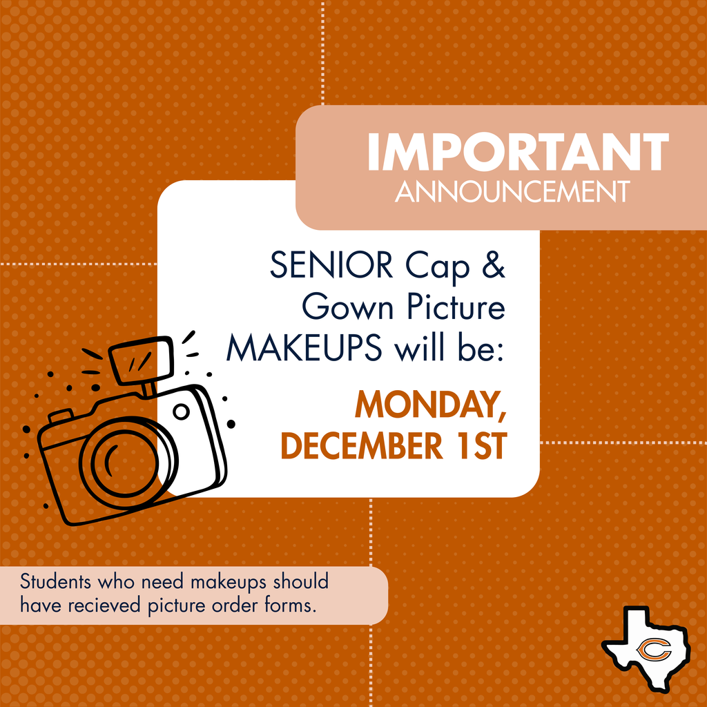𝗥𝗲𝗺𝗶𝗻𝗱𝗲𝗿 𝗳𝗼𝗿 𝗦𝗲𝗻𝗶𝗼𝗿𝘀! 🎓 Cap & Gown picture makeups are coming up on 𝗠𝗼𝗻𝗱𝗮𝘆, 𝗗𝗲𝗰𝗲𝗺𝗯𝗲𝗿 𝟭𝘀𝘁. If you have questions or need more information, please email awaller@caldwellisd.net.  #CaldwellProud #CaldwellISD