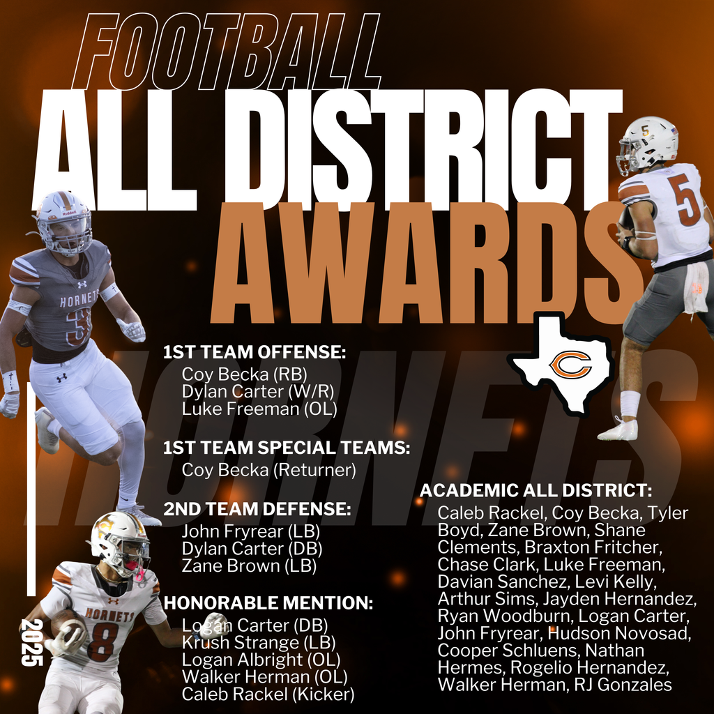 Huge congratulations to our 𝗛𝗼𝗿𝗻𝗲𝘁 𝗙𝗼𝗼𝘁𝗯𝗮𝗹𝗹 athletes on earning their 𝟮𝟮-𝟰𝗔 𝗔𝗹𝗹-𝗗𝗶𝘀𝘁𝗿𝗶𝗰𝘁 𝗵𝗼𝗻𝗼𝗿𝘀! 🏈🧡 We’re proud of their hard work, dedication, and representation of Caldwell on and off the field. #CaldwellProud #CaldwellISD