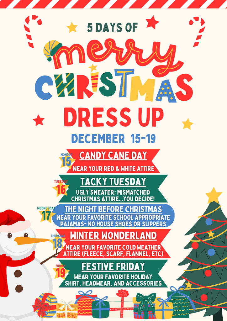 ✨ 𝗖𝗵𝗿𝗶𝘀𝘁𝗺𝗮𝘀 𝗱𝗿𝗲𝘀𝘀-𝘂𝗽 𝗱𝗮𝘆𝘀 𝗮𝗿𝗲 𝗰𝗼𝗺𝗶𝗻𝗴 𝘀𝗼𝗼𝗻! Here’s a peek at our fun holiday spirit days for December 15–19 so families can plan ahead. Participation is always optional—just join in the fun if you can! 🎄❤️ #CaldwellProud #CaldwellISD