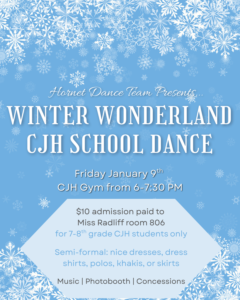 ❄️ 𝐒𝐚𝐯𝐞 𝐭𝐡𝐞 𝐃𝐚𝐭𝐞! ❄️ CJH students—get ready to step into a Winter Wonderland! Our CJH School Dance is coming up on 𝗙𝗿𝗶𝗱𝗮𝘆, 𝗝𝗮𝗻𝘂𝗮𝗿𝘆 𝟵𝘁𝗵 from 6–7:30 PM in the CJH Gym. Check the details below and start planning your semi-formal attire! #CaldwellProud #CaldwellISD