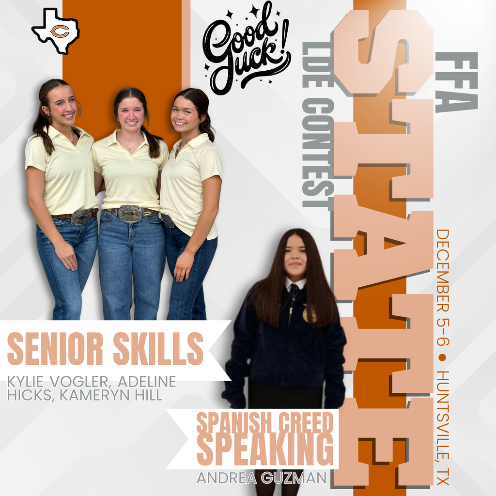 𝗪𝗶𝘀𝗵𝗶𝗻𝗴 𝗢𝘂𝗿 𝗛𝗼𝗿𝗻𝗲𝘁𝘀 𝘁𝗵𝗲 𝗕𝗲𝘀𝘁 𝗮𝘁 𝗦𝗧𝗔𝗧𝗘! 🧡 Help us cheer on our incredible FFA students as they compete at the State LDE Contest in Huntsville tomorrow! Good luck to 𝗞𝘆𝗹𝗶𝗲 𝗩𝗼𝗴𝗹𝗲𝗿, 𝗔𝗱𝗲𝗹𝗶𝗻𝗲 𝗛𝗶𝗰𝗸𝘀, 𝗞𝗮𝗺𝗲𝗿𝘆𝗻 𝗛𝗶𝗹𝗹 (Senior Skills) and 𝗔𝗻𝗱𝗿𝗲𝗮 𝗚𝘂𝘇𝗺𝗮𝗻 (Spanish Creed Speaking). We’re so proud of your hard work and dedication — go show them what Caldwell can do! 💪✨ #CaldwellProud #CaldwellISD
