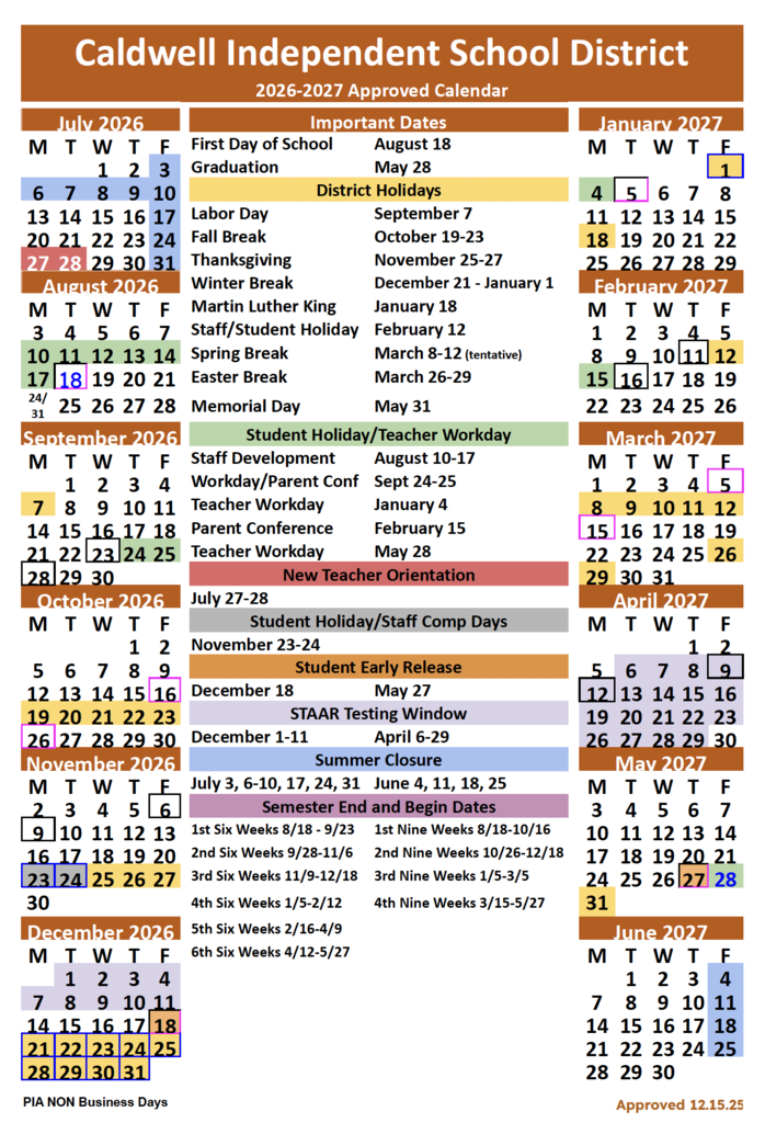 🗓️ 𝟮𝟬𝟮𝟲-𝟮𝟬𝟮𝟳 𝗗𝗦𝗜𝗦𝗗 𝗖𝗔𝗟𝗘𝗡𝗗𝗔𝗥 The 2026-27 Academic Calendar was approved by the CISD Board of Trustees at Monday night's board meeting. It is available for download at https://www.caldwellschools.net/page/calendar.  First Day of School: August 18, 2026 Last Day of School: May 27, 2027 #CaldwellProud #CaldwellISD