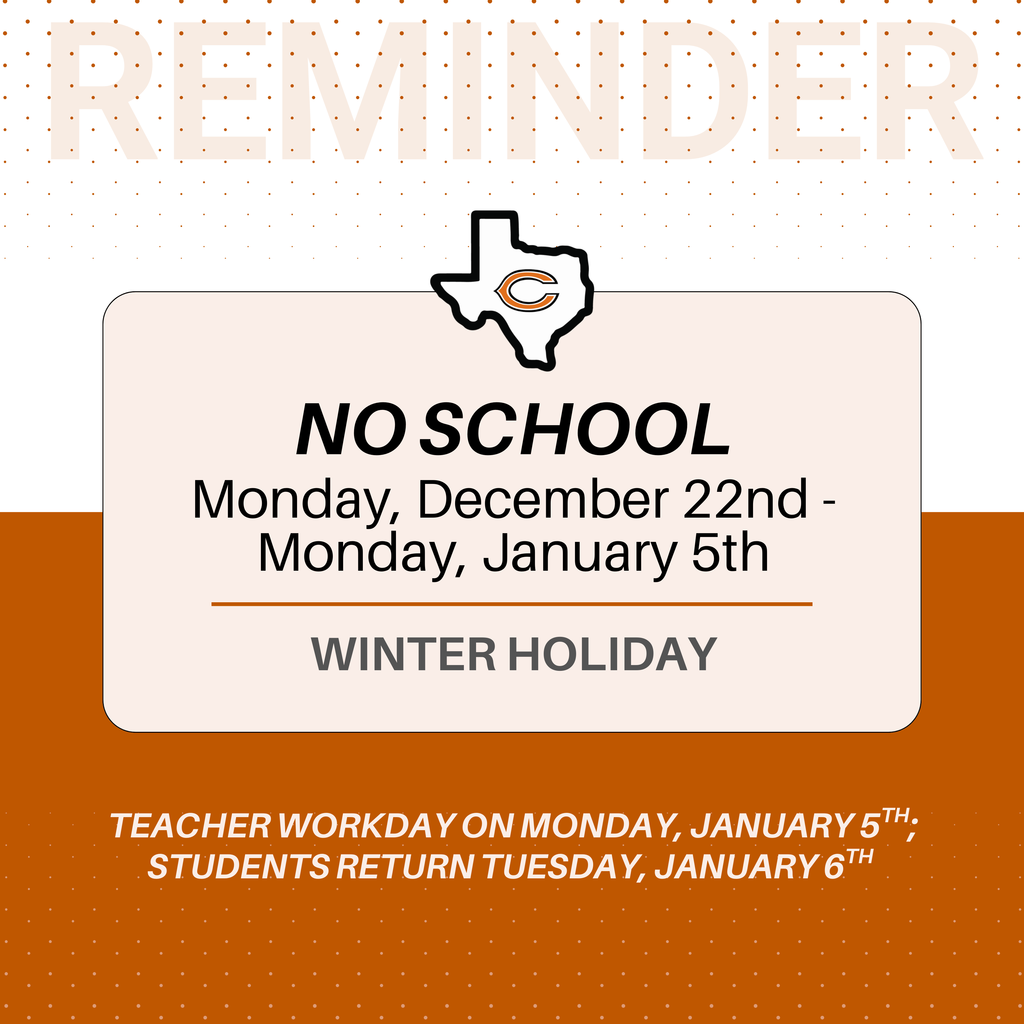 📅 𝗥𝗲𝗺𝗶𝗻𝗱𝗲𝗿 𝗳𝗼𝗿 𝗖𝗮𝗹𝗱𝘄𝗲𝗹𝗹 𝗜𝗦𝗗 𝗳𝗮𝗺𝗶𝗹𝗶𝗲𝘀: This 𝗙𝗿𝗶𝗱𝗮𝘆, 𝗗𝗲𝗰𝗲𝗺𝗯𝗲𝗿 𝟭𝟵𝘁𝗵 is an 𝗲𝗮𝗿𝗹𝘆 𝗿𝗲𝗹𝗲𝗮𝘀𝗲 𝗱𝗮𝘆.  There will be no school from 𝗠𝗼𝗻𝗱𝗮𝘆, 𝗗𝗲𝗰𝗲𝗺𝗯𝗲𝗿 𝟮𝟮𝗻𝗱 through 𝗠𝗼𝗻𝗱𝗮𝘆, 𝗝𝗮𝗻𝘂𝗮𝗿𝘆 𝟱𝘁𝗵 for Winter Holiday. 📚 Students return on 𝗧𝘂𝗲𝘀𝗱𝗮𝘆, 𝗝𝗮𝗻𝘂𝗮𝗿𝘆 𝟲𝘁𝗵.  Wishing everyone a safe and restful break! #CaldwellProud #CaldwellISD