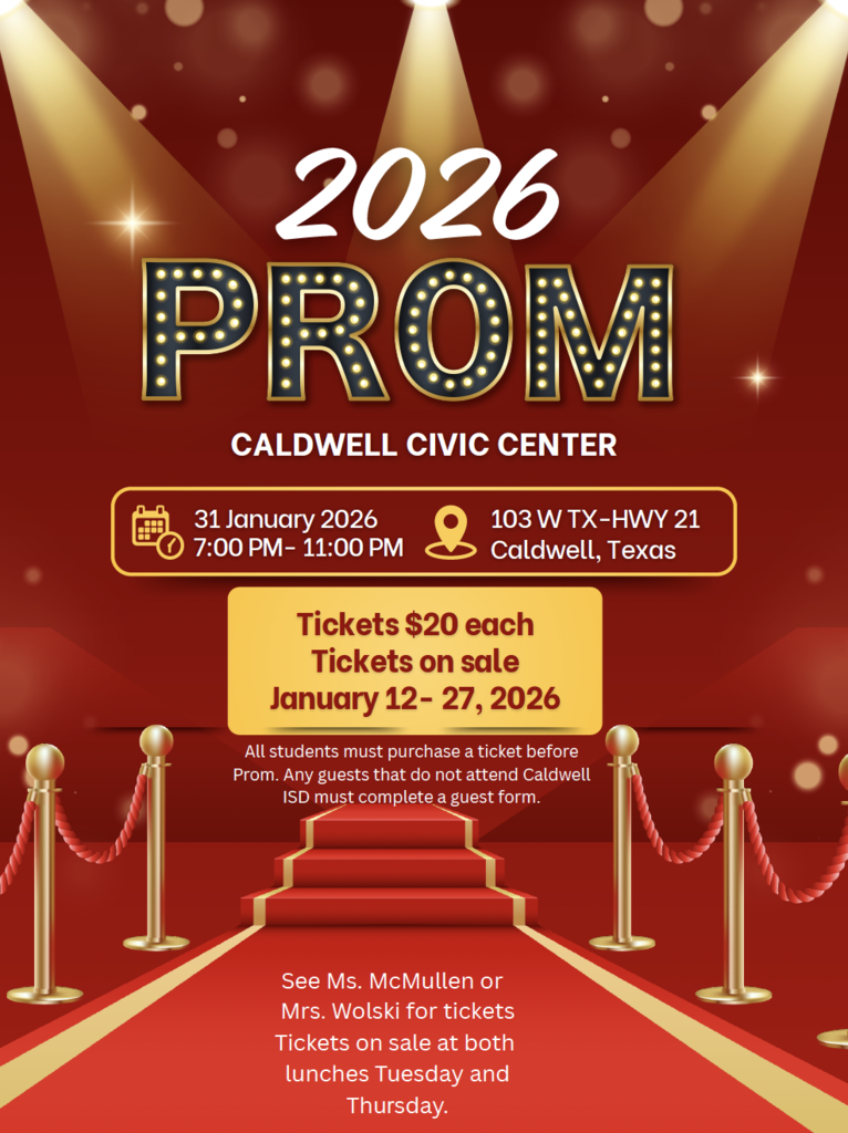 ๐ ๐๐๐ ๐๐๐ซ๐ฉ๐๐ญ ๐ซ๐๐๐๐ฒ! ๐ Prom 2026 is set for ๐๐ฎ๐ป๐๐ฎ๐ฟ๐ ๐ฏ๐ญ at the ๐๐ฎ๐น๐ฑ๐๐ฒ๐น๐น ๐๐ถ๐๐ถ๐ฐ ๐๐ฒ๐ป๐๐ฒ๐ฟ โ and itโs going to be a night to remember. ๐๏ธ Tickets are $20 and go on sale January 12โ27 during lunch. Grab yours from Ms. McMullen or Mrs. Wolski and start planning your look! โจ #CaldwellProud #CaldwellISD