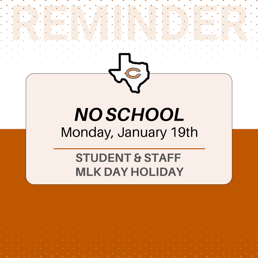 𝐑𝐞𝐦𝐢𝐧𝐝𝐞𝐫: There will be no school on 𝐌𝐨𝐧𝐝𝐚𝐲, 𝐉𝐚𝐧𝐮𝐚𝐫𝐲 𝟏𝟗 in observance of Martin Luther King, Jr. Day. Students and staff will enjoy the holiday, and classes will resume on Tuesday.