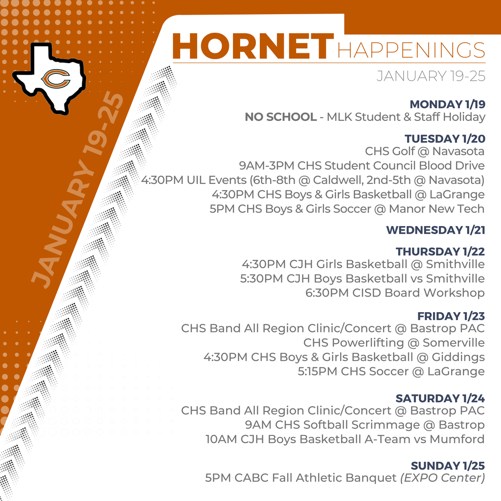 ๐๏ธ ๐๐ผ๐ฟ๐ป๐ฒ๐ ๐๐ฎ๐ฝ๐ฝ๐ฒ๐ป๐ถ๐ป๐ด๐ | ๐๐ฎ๐ป๐๐ฎ๐ฟ๐ ๐ญ๐ต-๐ฎ๐ฑ It's going to be another busy week at Caldwell ISD, so stay informed about what's coming up!