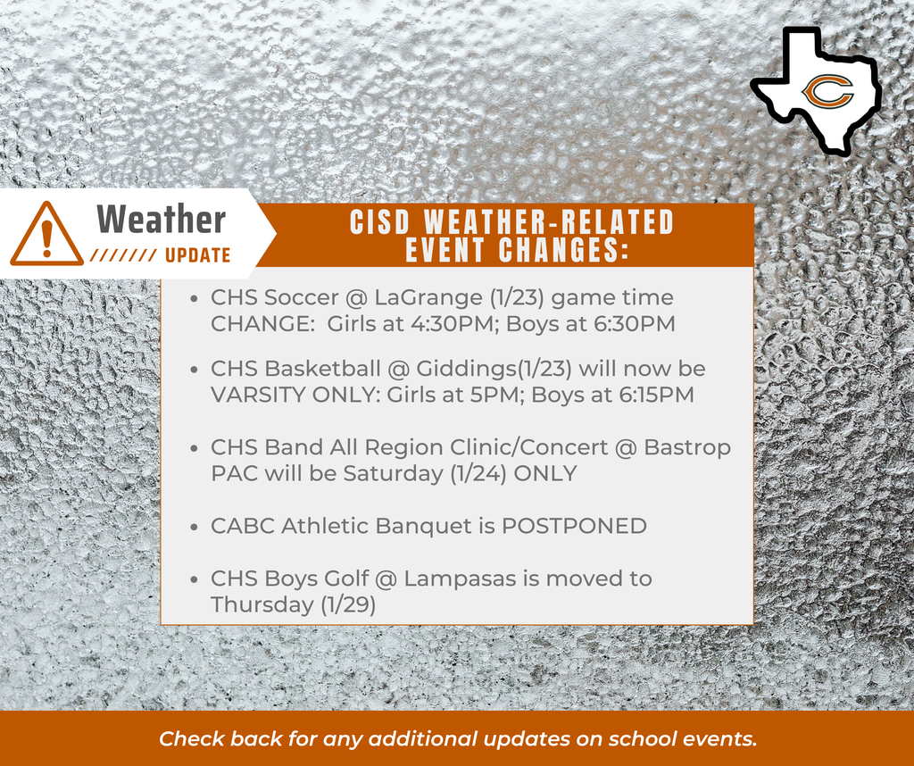 ๐จ ๐๐ฎ๐น๐ฑ๐๐ฒ๐น๐น ๐๐ฆ๐ ๐ช๐ฒ๐ฎ๐๐ต๐ฒ๐ฟ ๐จ๐ฝ๐ฑ๐ฎ๐๐ฒ ๐จ Caldwell ISD is closely monitoring potential winter weather over the next several days. If any delays or closures become necessary, families and staff will be notified as quickly as possible through phone/email, our website, social media, and local media (KBTX). ๐๐๐๐จ ๐๐จ ๐ ๐๐ง๐๐๐ฉ ๐ฉ๐๐ข๐ ๐ฉ๐ค ๐ก๐ค๐ ๐๐ฃ ๐ฉ๐ค ๐ผ๐จ๐๐๐ฃ๐๐๐ง ๐๐๐ง๐๐ฃ๐ฉ ๐๐ค๐ง๐ฉ๐๐ก ๐๐ฃ๐ ๐ข๐๐ ๐ ๐จ๐ช๐ง๐ ๐ฎ๐ค๐ช๐ง ๐๐ค๐ฃ๐ฉ๐๐๐ฉ ๐๐ฃ๐๐ค ๐๐จ ๐ช๐ฅ ๐ฉ๐ค ๐๐๐ฉ๐! https://portals06.ascendertx.com/ParentPortal/login?distid=026901 If no announcement is made, classes will proceed as scheduled. All decisions are made with the ๐จ๐๐๐๐ฉ๐ฎ ๐ค๐ ๐ค๐ช๐ง ๐จ๐ฉ๐ช๐๐๐ฃ๐ฉ๐จ ๐๐ฃ๐ ๐จ๐ฉ๐๐๐ ๐๐จ ๐ฉ๐๐ ๐ฉ๐ค๐ฅ ๐ฅ๐ง๐๐ค๐ง๐๐ฉ๐ฎ. ๐ See graphic below for current weather-related event updates. ๐งก๐ค #CaldwellISD #CaldwellProud