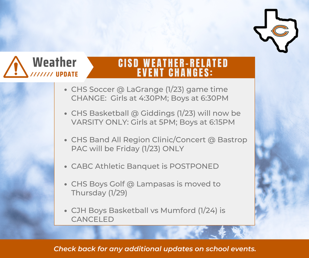 ๐จ ๐ช๐ฒ๐ฎ๐๐ต๐ฒ๐ฟ ๐จ๐ฝ๐ฑ๐ฎ๐๐ฒ โ ๐๐๐ฒ๐ป๐ ๐๐ต๐ฎ๐ป๐ด๐ฒ๐ ๐จ We have an additional update related to weather-affected events. ๐ Please see the updated graphic below for the ๐บ๐ผ๐๐ ๐ฐ๐๐ฟ๐ฟ๐ฒ๐ป๐ ๐๐ฐ๐ต๐ฒ๐ฑ๐๐น๐ฒ ๐ฐ๐ต๐ฎ๐ป๐ด๐ฒ๐. We will continue to share updates as they become available. Thank you for your patience as we prioritize the safety of our students and staff. ๐งก๐ค #CaldwellISD #CaldwellProud