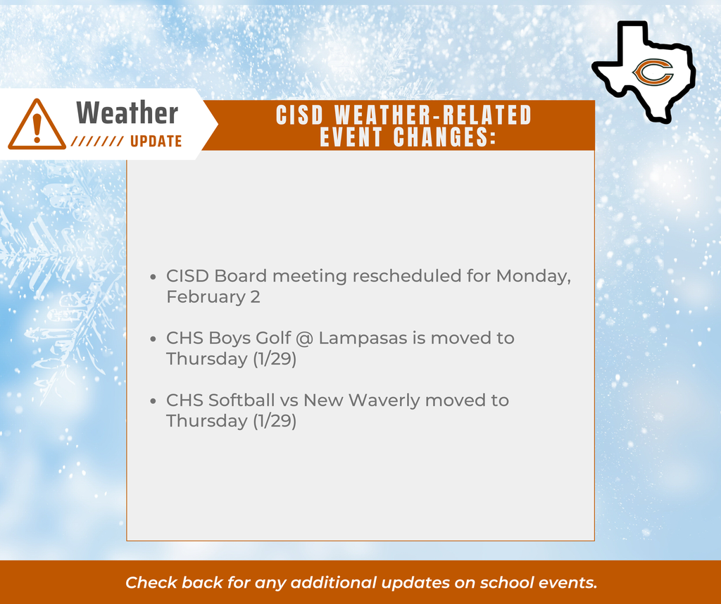 As weather conditions evolve, we are closely monitoring moisture remaining on roads throughout the afternoon. A decision regarding Tuesday will be shared later today. In the meantime, please review the latest weather-related event changes below and stay tuned for updates. #CaldwellProud #CaldwellISD
