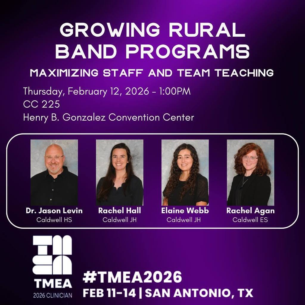 ๐๐๐ฅ๐๐ฐ๐๐ฅ๐ฅ ๐๐๐ ๐ข๐ฌ ๐ก๐๐๐๐๐ ๐ญ๐จ ๐๐๐๐! ๐ถ Our incredible band staff will soon be presenting at the Texas Music Educators Association Conventionโsharing best practices and representing rural band programs across the state. #CaldwellProud #CaldwellISD