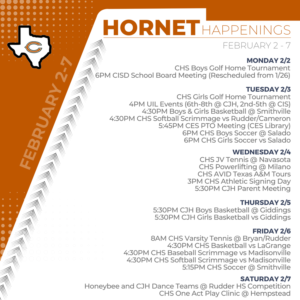 FB POST_Weekly Events Feb2-7๐
๐๐ผ๐ฟ๐ป๐ฒ๐ ๐๐ฎ๐ฝ๐ฝ๐ฒ๐ป๐ถ๐ป๐ด๐ | ๐๐ฒ๐ฏ. ๐ฎโ๐ณ A busy week ahead for our Hornets! Check out whatโs happening across Caldwell ISD and mark your calendars. #CaldwellProud #CaldwellISD