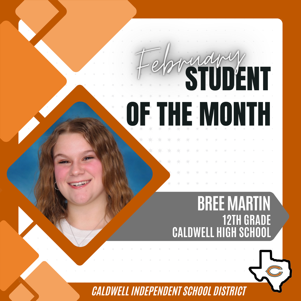 ๐ข ๐ฃ Announcing another FEBRUARY Student of the Month... ๐๐ฅ๐๐ ๐ ๐๐ฅ๐ง๐๐ก!! ๐ข๐ฃ She was nominated by her teacher, who says, "Bree is an exceptional student. She goes above and beyond to share kindness, respect, and show compassion for all those she comes in contact with. I have her in two classes this year, Honeybees and Government & Economics. She is the most respectful student I have. She always answers with a yes ma'am. She goes out of her way to ask how my day is and does this for her fellow students as well. She is eager to help other students in both Honeybees and social studies. I am nominating her because she is the ideal Hornet. She is responsible and exhibits outstanding Caldwell Hornet character through treating everyone with respect and kindness." Congratulations Bree, and THANK YOU for being an outstanding role model for other students at Caldwell ISD! #CaldwellProud #CaldwellISD