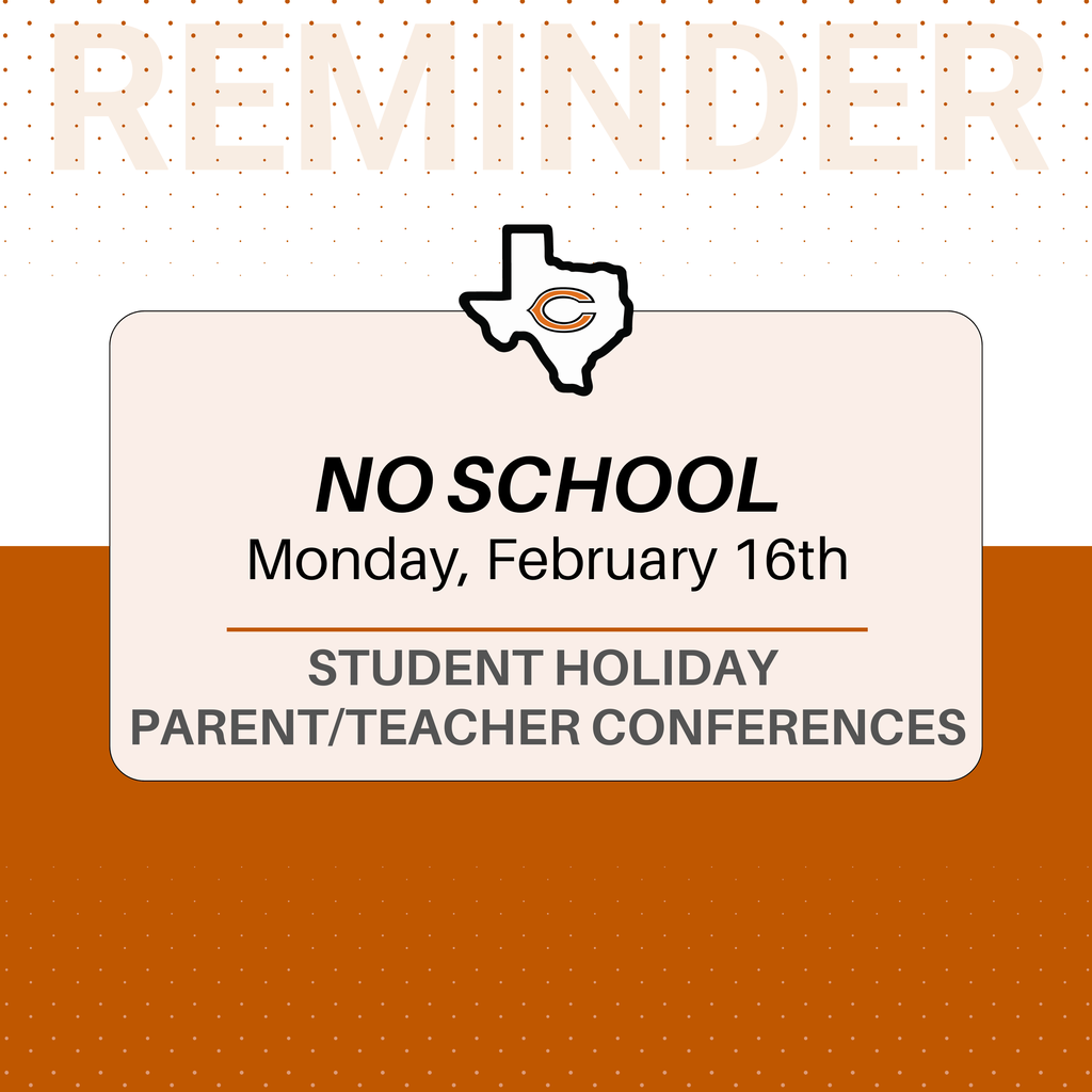Reminder for Hornet families ๐งก There will be ๐ป๐ผ ๐๐ฐ๐ต๐ผ๐ผ๐น ๐ผ๐ป ๐ ๐ผ๐ป๐ฑ๐ฎ๐, ๐๐ฒ๐ฏ๐ฟ๐๐ฎ๐ฟ๐ ๐ญ๐ฒ๐๐ต, due to Student Holiday & Parent/Teacher Conferences. Weโll see everyone back on Tuesday! #CaldwellProud #CaldwellISD