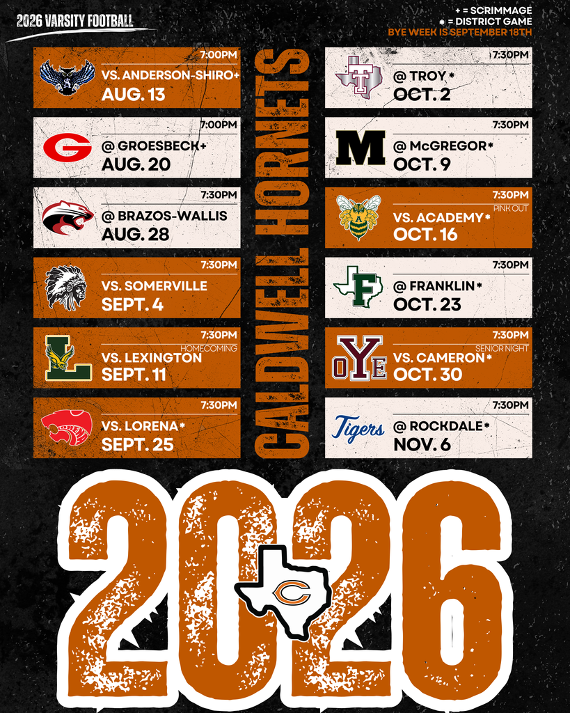 ๐ฅ ๐ง๐ต๐ฒ ๐๐ผ๐ฟ๐ป๐ฒ๐๐ ๐๐ฟ๐ฒ ๐๐ฎ๐ฐ๐ธ! ๐ฅ New district. New opponents. New opportunities. 2026 marks an exciting chapter for ๐๐ฎ๐น๐ฑ๐๐ฒ๐น๐น ๐๐ผ๐ฟ๐ป๐ฒ๐ ๐๐ผ๐ผ๐๐ฏ๐ฎ๐น๐น as we move into ๐ฏ๐ ๐ฎ๐ป๐ฑ ๐ผ๐๐ฟ ๐ป๐ฒ๐ ๐ฑ๐ถ๐๐๐ฟ๐ถ๐ฐ๐ โ and we canโt wait to see this group compete! Check out our full schedule and start making plans to pack the stands. Letโs support our boys all season long! ๐
See you on Friday nights! #CaldwellProud #HornetFootball #CaldwellISD