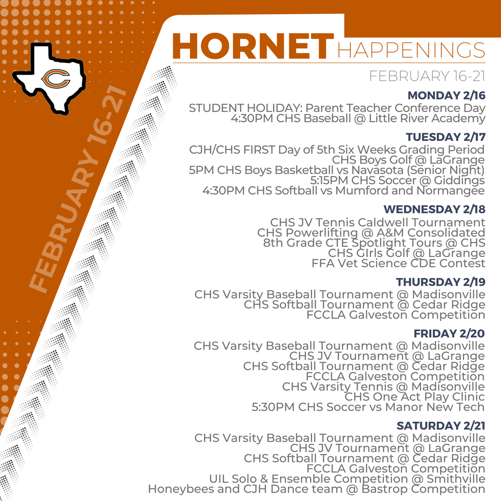 This week? Packed. Likeโฆ really packed. ๐
It may be our busiest Hornet Happenings yet โ and we love to see it! Check out everything going on February 16โ21 and come support our students. #CaldwellProud #CaldwellISD
